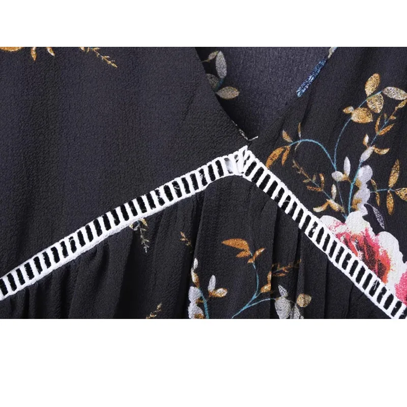 Черное шифоновое платье с цветочным принтом 2017 новое ТРАПЕЦИЕВИДНОЕ ПЛАТЬЕ Vinatge