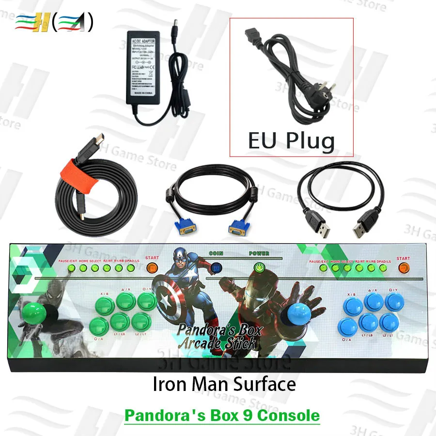 PDB9 Iron Man EU Pandora Box 9 1500 В 1 видео игры аркадная палка Консоль 2 игрока джойстик светодиодная Кнопка Pandora's box 5 плюс версия консоли - Цвет: PDB9 Iron Man EU