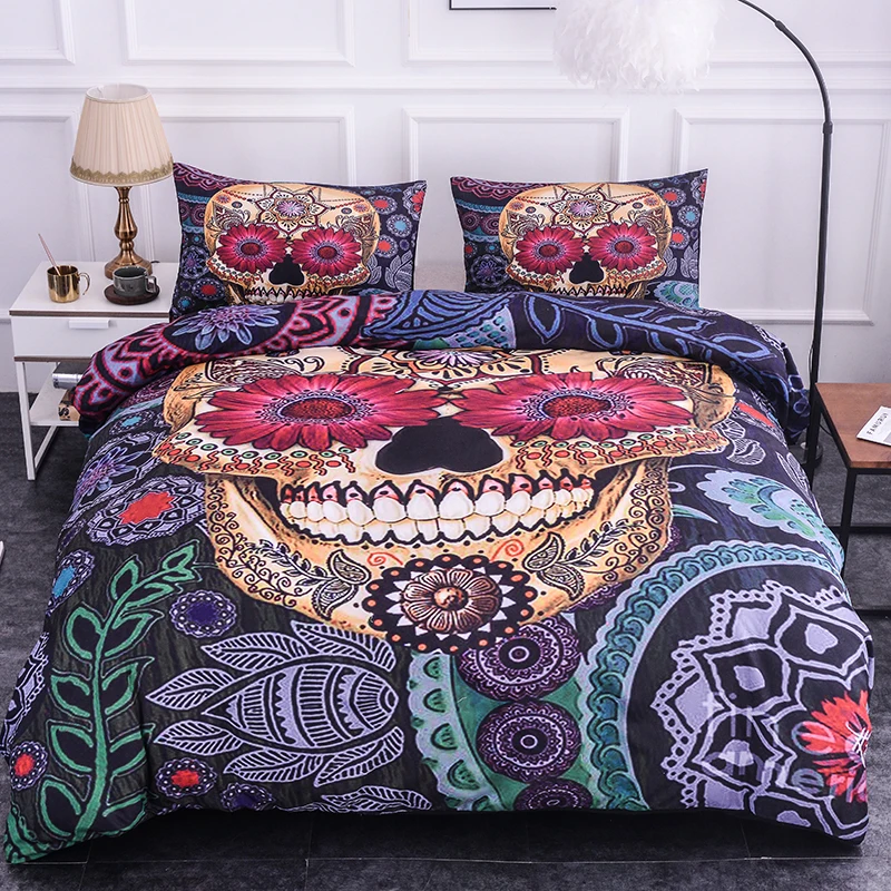 Boniu Soft Comforter Cover Skull Bedding Set 3pcs Ink Painting Sugar Quilt Pillow Cases King Size Duvet | Дом и сад
