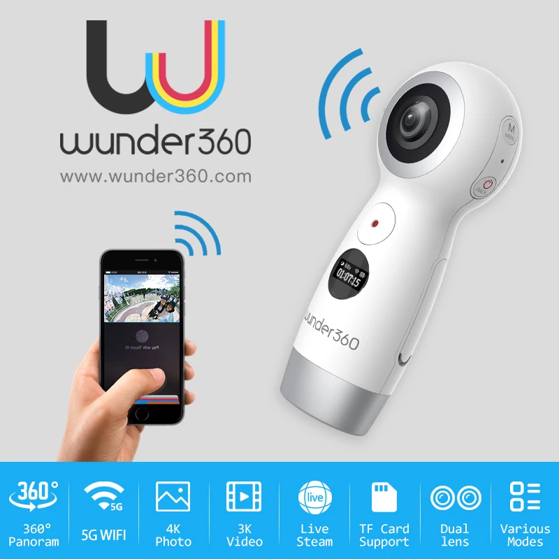 Wunder360 360 градусов панорамный VR Камера Двойной объектив 4 K HD Wifi Mini kamera Live Streaming Micro