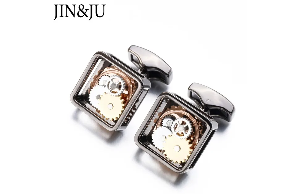 JIN& JU Новые квадратные запонки в стиле стимпанк механизм часов для мужчин формальные бизнес Свадебные Запонки Relojes Gemelos
