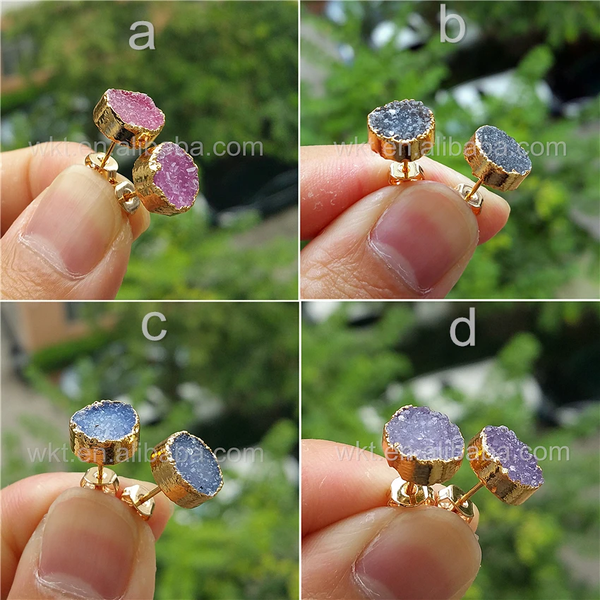 Круглые серьги с натуральным камнем 10 мм круглые в полоску из 24 К золота