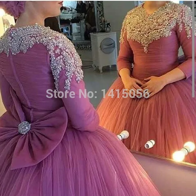 2014 Vestido De Festa Sparkly V Neck Long Sleeve with Beads Back Bow Arabic Ball Gown Purple Evening Prom Dress | Свадьбы и