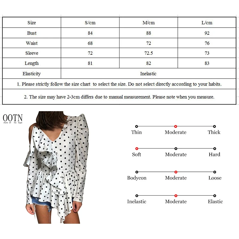 OOTN High Street Black White V Neck One Shoulder Strap Ruffle Polka Dot Blouse 2018 Autumn Winter Puff Sleeve Long |