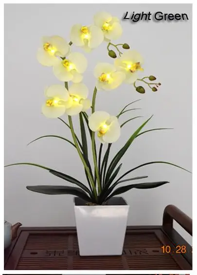 Light Green 9 светодиодный светильник на батарейках, Орхидея Фаленопсис в горшке, цветок орхидеи, бонсай, украшение для праздника, свадьбы, дома, подарок на день рождения - Цвет: Light Green