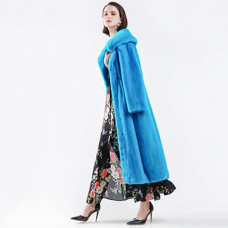 Ftangaiur Winter Jacket Import Velvet Mink Fur Coat Turn-Down Collar Solid Causal Coats Women's X-Long Real | Женская одежда