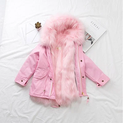 Pink With Pink Пальто с мехом для девочек-подростков детское зимнее пальто куртки с подкладкой из искусственного лисьего меха детская верхняя одежда плотное теплое пальто для маленьких девочек парки для мальчиков - Цвет: Pink With Pink