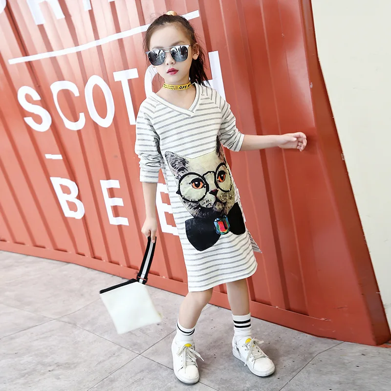 Girls costumes kids dress elegant party frocks for girls striped Children cat animal print long sleeve 4 5 12 years | Детская одежда и