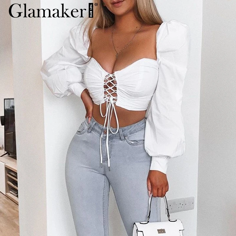 Женский укороченный топ с рукавами фонариками Glamaker белый однотонный на шнуровке
