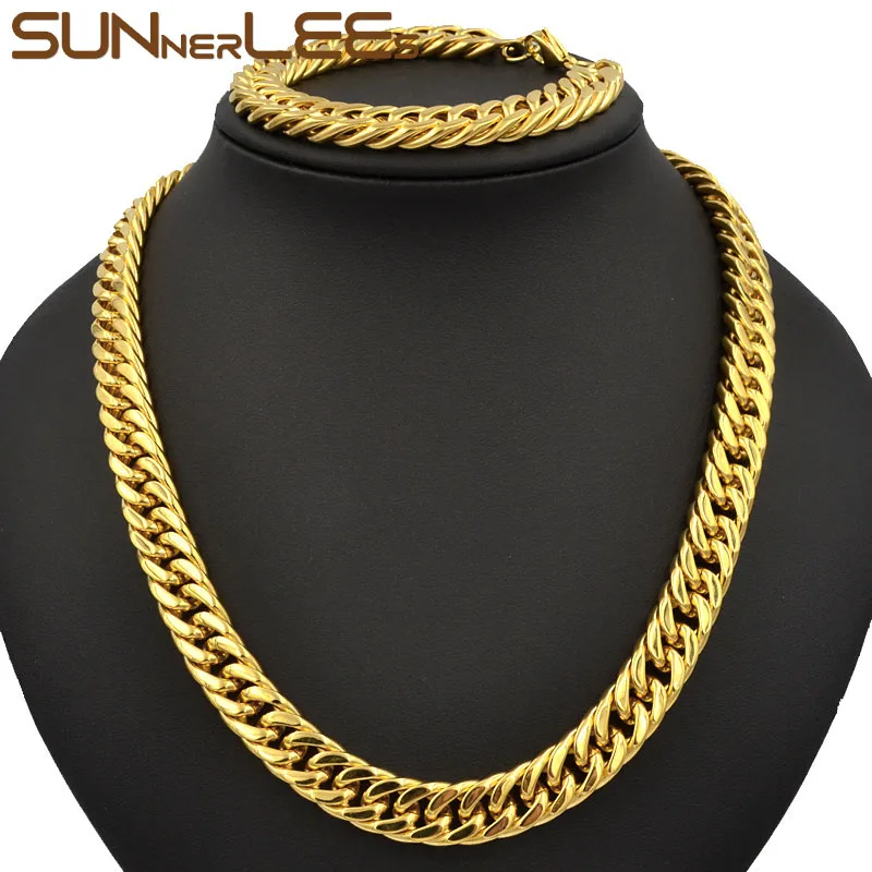 SUNNERLEES Fashion Jewelry Stainless Steel Necklace Bracelet Set 11mm Double Curb Cuban Link Chain For Mens Womens SC19 S | Украшения и