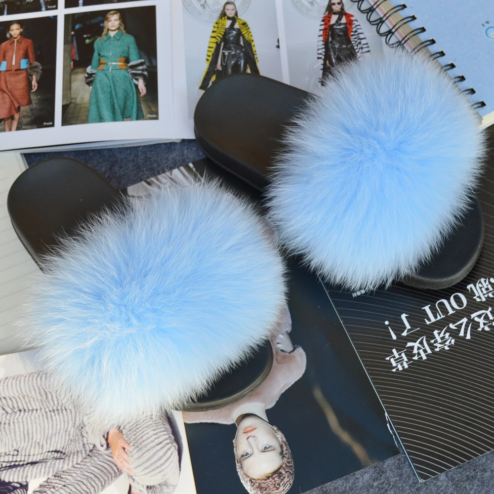 Шлепанцы женские из натурального Лисьего меха Летние Симпатичные пушистые