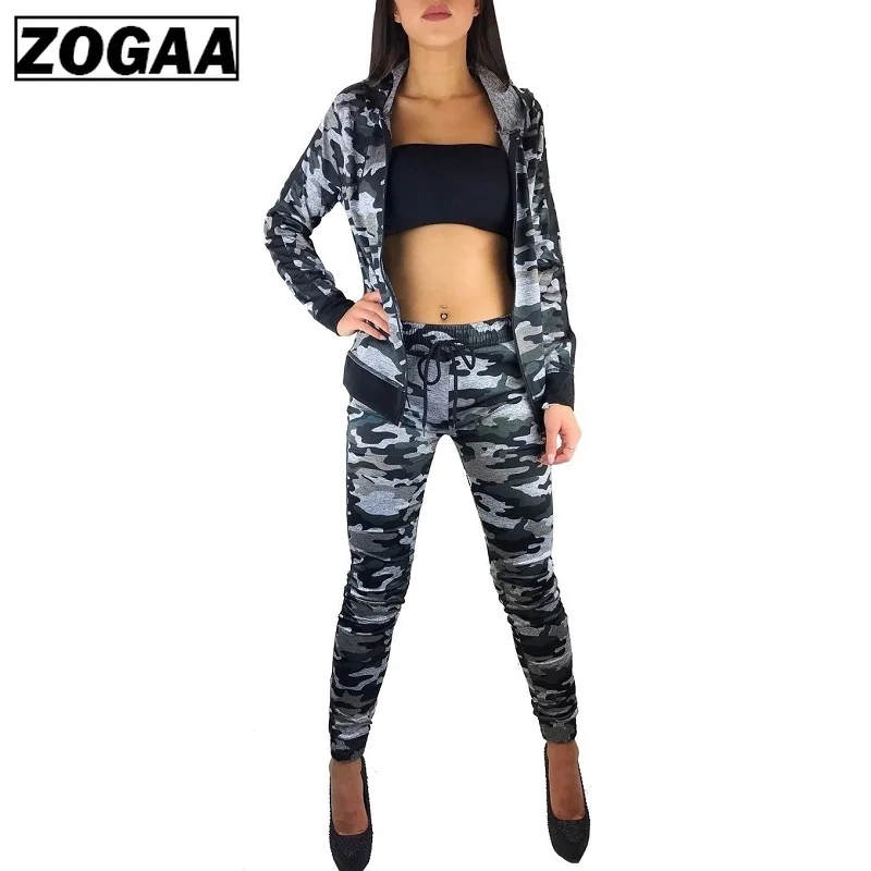 ZOGAA 2 шт. Женский комплект Камуфляжный тренировочный костюм Фитнес Брюки куртка