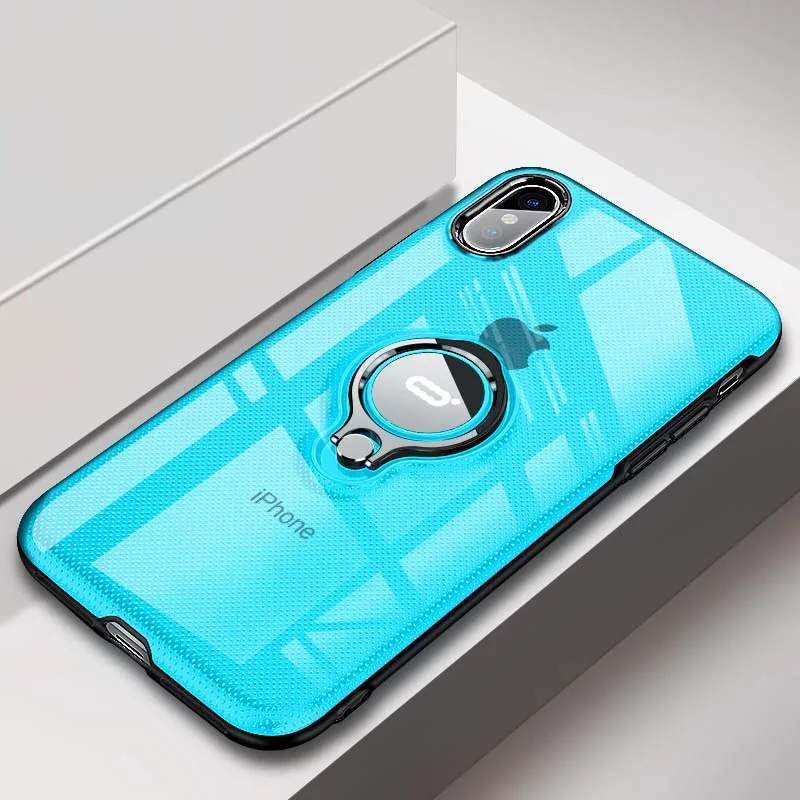 Clear Blue Чехол-подставка с кольцом для IPhone X XS Max XR, тонкий мягкий силиконовый чехол из ТПУ с прозрачной пряжкой, Magentic Kickstand, задняя крышка, Fundas - Цвет: Clear Blue