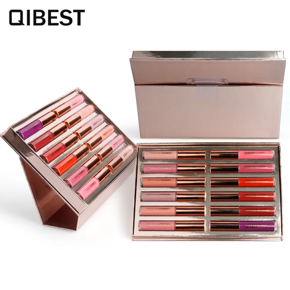 

QIBEST Brand 12pcs/Set Colorful Lip Gloss Matte Nude Lip Glaze Waterproof Non-stick Moisturizer Nutritious Beauty Makeup