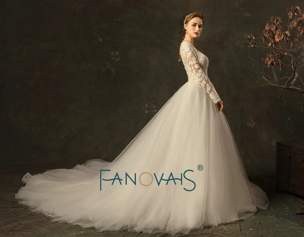 2019 С Длинным Рукавом Кружева Свадебное Платье Принцесса Vestido Dе Noiva Женщины Белое