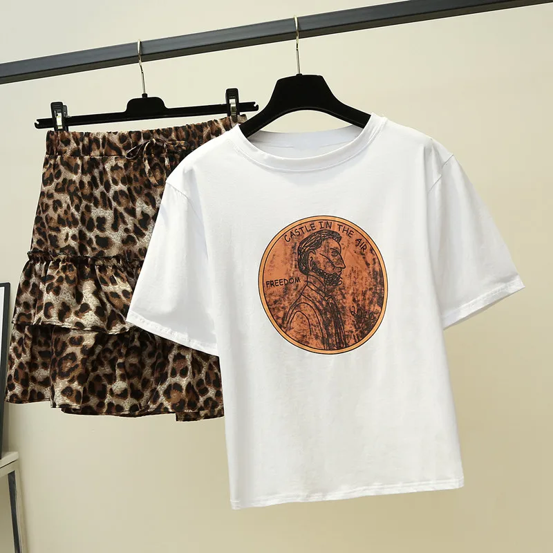 2019 summer 2 pieces sets printed cotton Tshirt tops + leopard Skirts Sets Women clothing suits tracksuit | Женская одежда