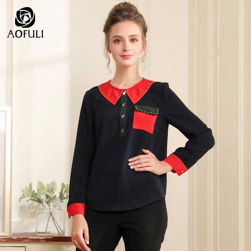 AOFULI L- 3XL 4XL 5XL Rivet Plus size blue shirt Autumn long sleeve blouse Contrast patchwork women pocket tops A3698 |