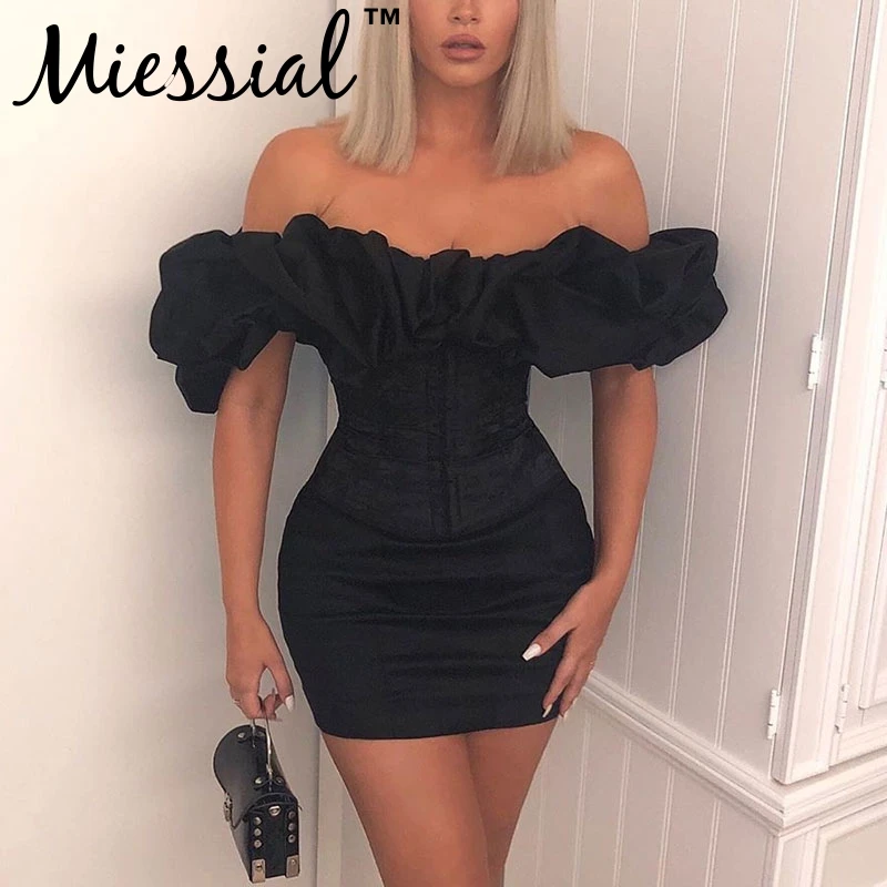 Miessial сексуальное платье с оборками и открытыми плечами винтажное облегающее