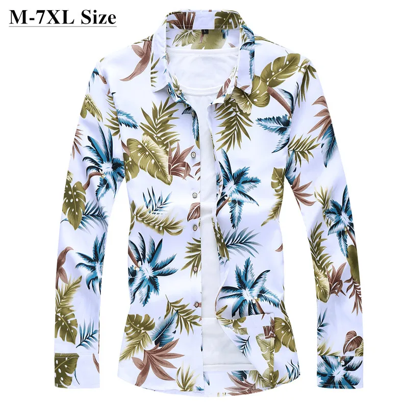 

2020 Autumn New Men's Hawaiian Shirt Fashion Casual Plus Size 5XL 6XL 7XL White Flower Long Sleeve Shirt Male Brand Clothes