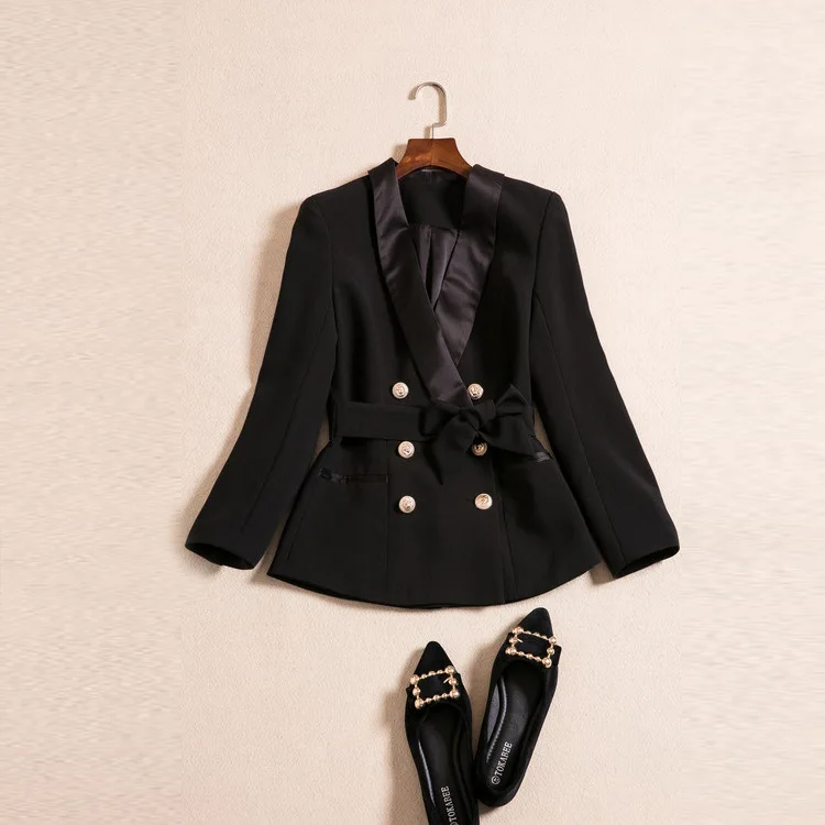 

High quality fashion women double breasted gold color buttons blazer stain notched blacker outerwear new 2017 autumn