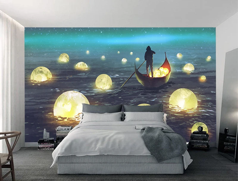 Пользовательские 3D обои мечтательный мультфильм ночной вид на море плакат для