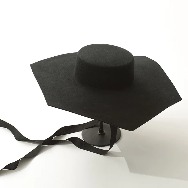 Euro-American style hexagonal flat-top big eaves hat stage show concave shape tied flat-top felt hat black hats beach hats