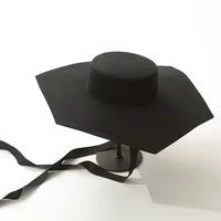 euro american style hexagonal flat top big eaves hat stage show concave shape tied flat top felt hat black hats beach hats