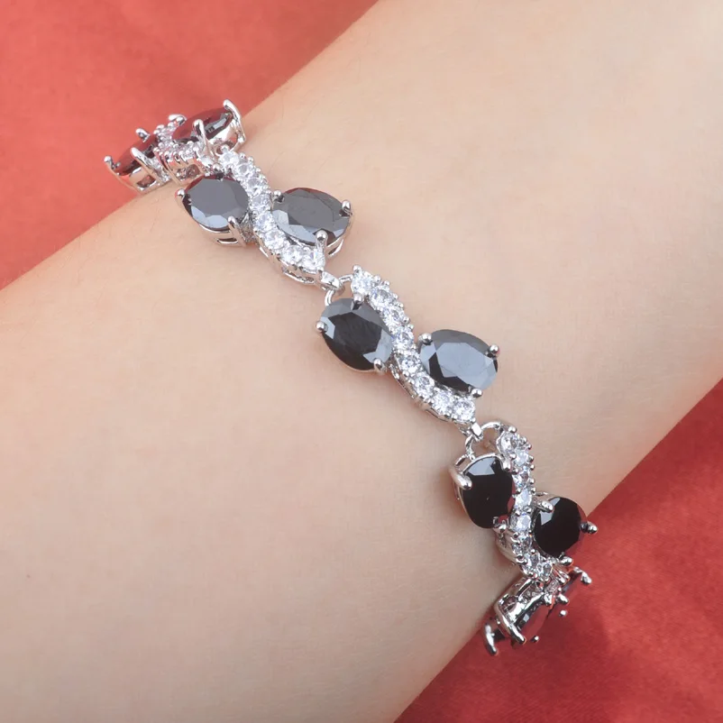 Женский браслет-цепочка, с черным цирконием, с белым цирконием, серебристого цвета, OS0158