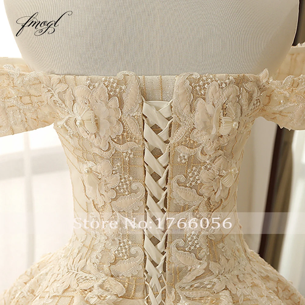 

Fmogl Luxury Boat Neck Lace Ball Gown Wedding Dress 2019 Sexy Royal Train Appliques Beaded Bride dresses Vestido De Noiva