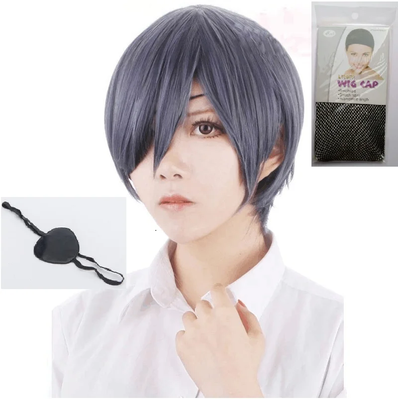 Аниме Черный дворецкий Kuroshitsuji Ciel Phantomhive парики серый смешанный синий короткие синтетические волосы косплей парик+ черный глаз патч+ парик колпачок - Цвет: wig eyepatch cap