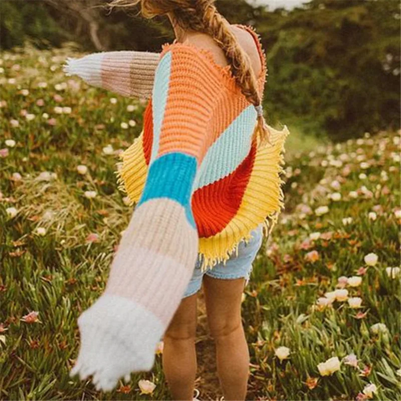 Neploe Rainbow Stripped Fashion Girl Sweater Knitted Tassel Chic Women Pullover 2018 New Auttum V-Neck Sexy Sueter Mujer 68625 | Женская