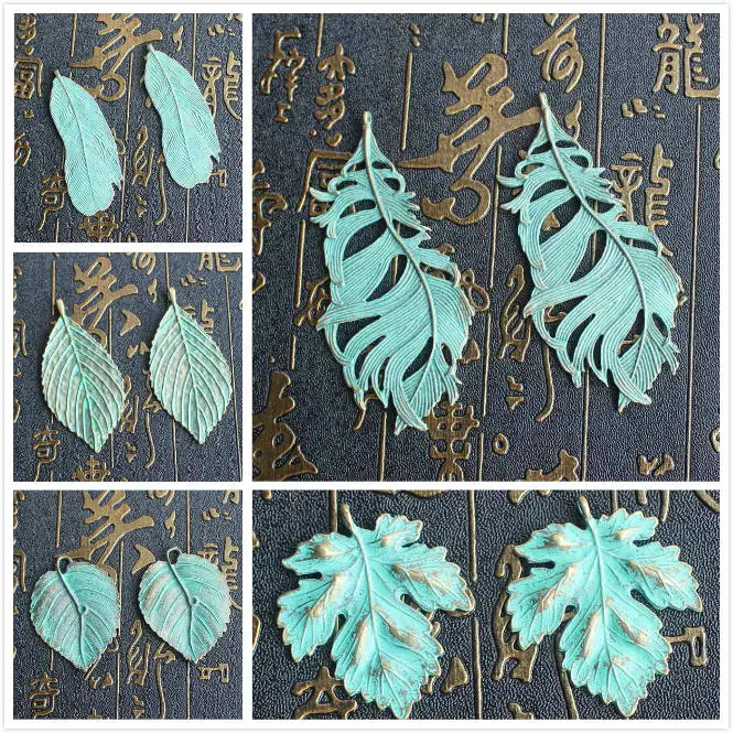 Оптовая продажа 3 шт./лот античные бусины в форме листьев и перьев из зеленой