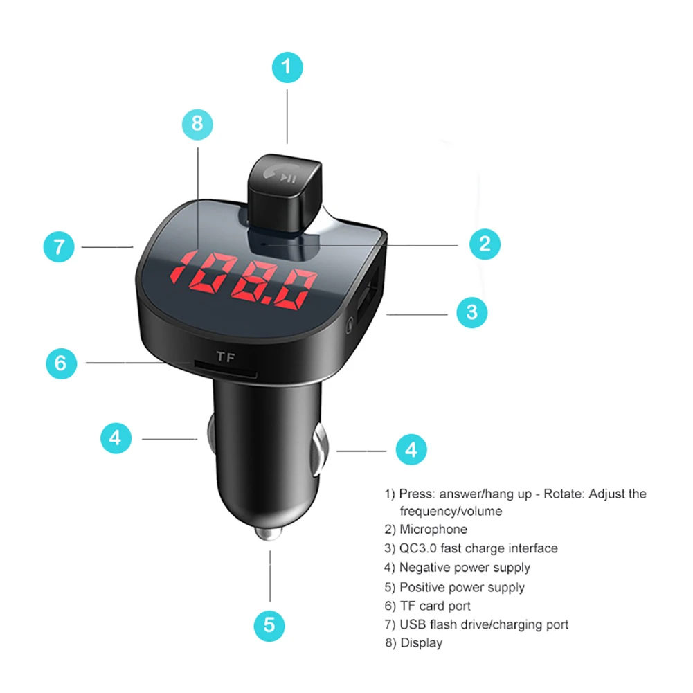 Автомобильное зарядное устройство для телефона с Bluetooth FM-излучатель QC3.0 2 USB MP3 5 В/3
