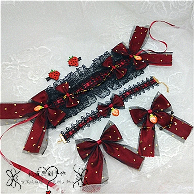 

Black rot sweet strawberry lolita hair ribbon necklace edge clip lolita headdress clavicle chain the ap strawberry hairpin