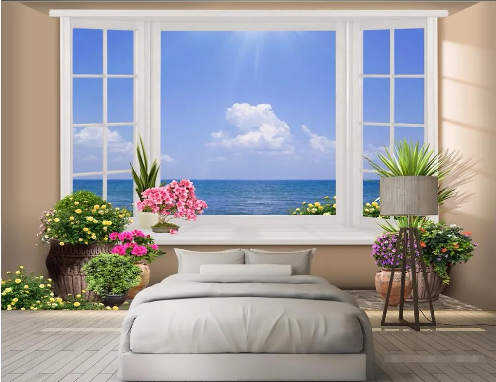 Настенные 3d фотообои на заказ картина с изображением моря снаружи окна декор для