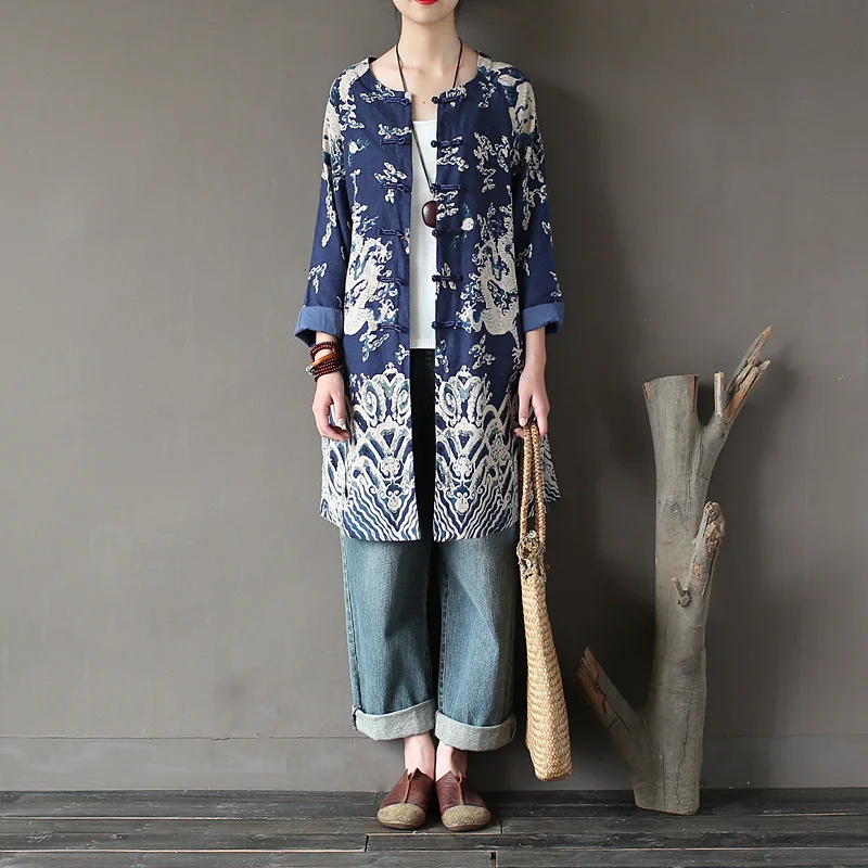 

O-neck Long sleeve Chinese style Women Trench Coat Autumn Vintage Fashion Print Long Coats Original Design Loose Coat Femme A149