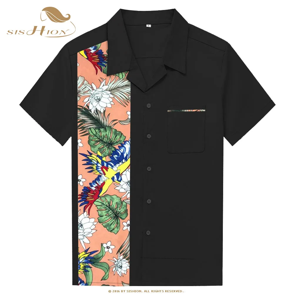

SISHION Short Sleeve Bowling Shirts 50s Rock ST110 Black Birds Palm Print Men Cotton Rockabilly Vintage Shirts