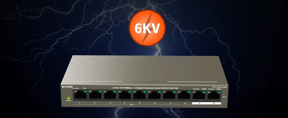Tenda TEF1110P-8-102W энтернет сетевой коммутатор 8-портовый 10/100 Мбит/с POE+ 2 гигабитный настольный коммутатор 250 м, 6 кВ Защита от молнии