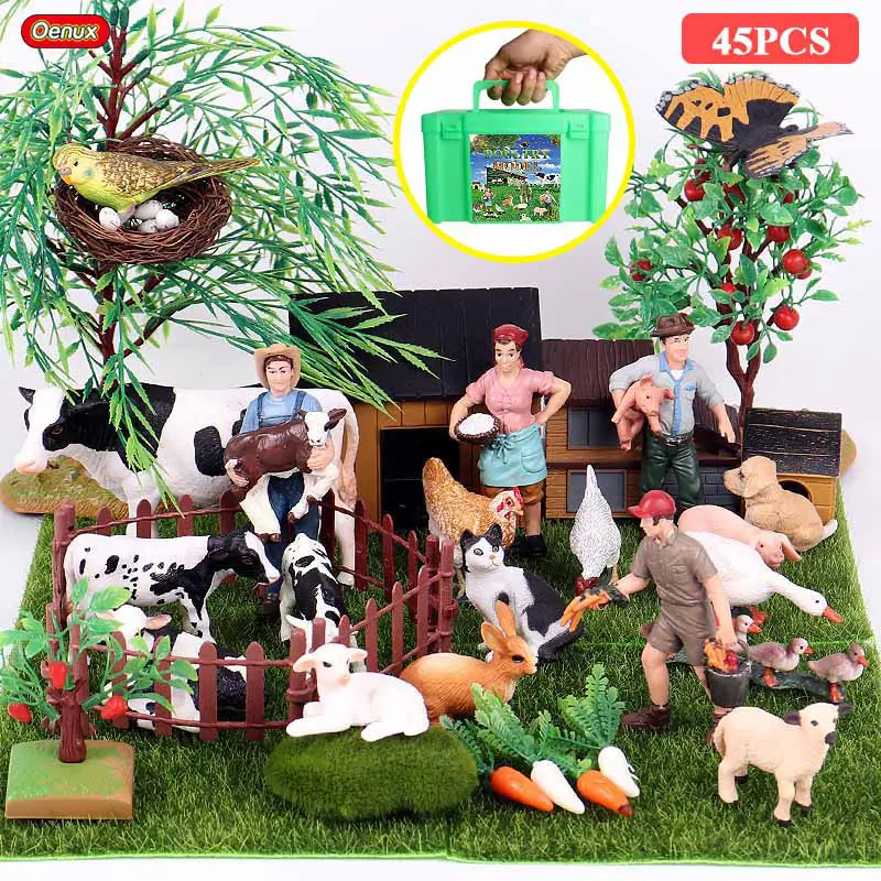 Farm Animals Set Oenux 45 шт. корова собака курица птица ферма животные фигурки Набор дерево газон ферма сцены модель игрушки с подарочной коробкой детский подарок - Цвет: Farm Animals Set