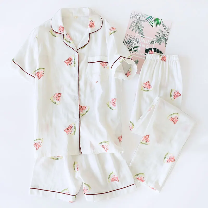 3 pcs -2 Комплект из 3 предметов, свежая женская летняя Пижама с коротким рукавом, Марлевое хлопковое ночное белье, женские корейские пижамы, шорты, домашние штаны, новинка, распродажа - Цвет: 3 pcs -2