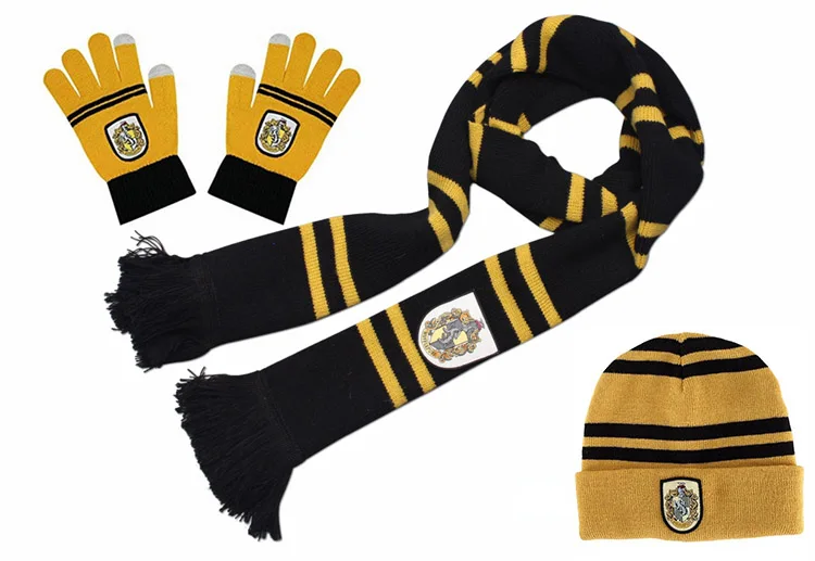 Huff Scarf Hat Glove Поттер шарф Гриффиндор/Слизерин/Hufflepuff/Ravenclaw шарф+ шапка/галстук/сенсорная перчатка шарф мягкий теплый рождественский подарок - Цвет: Huff Scarf Hat Glove