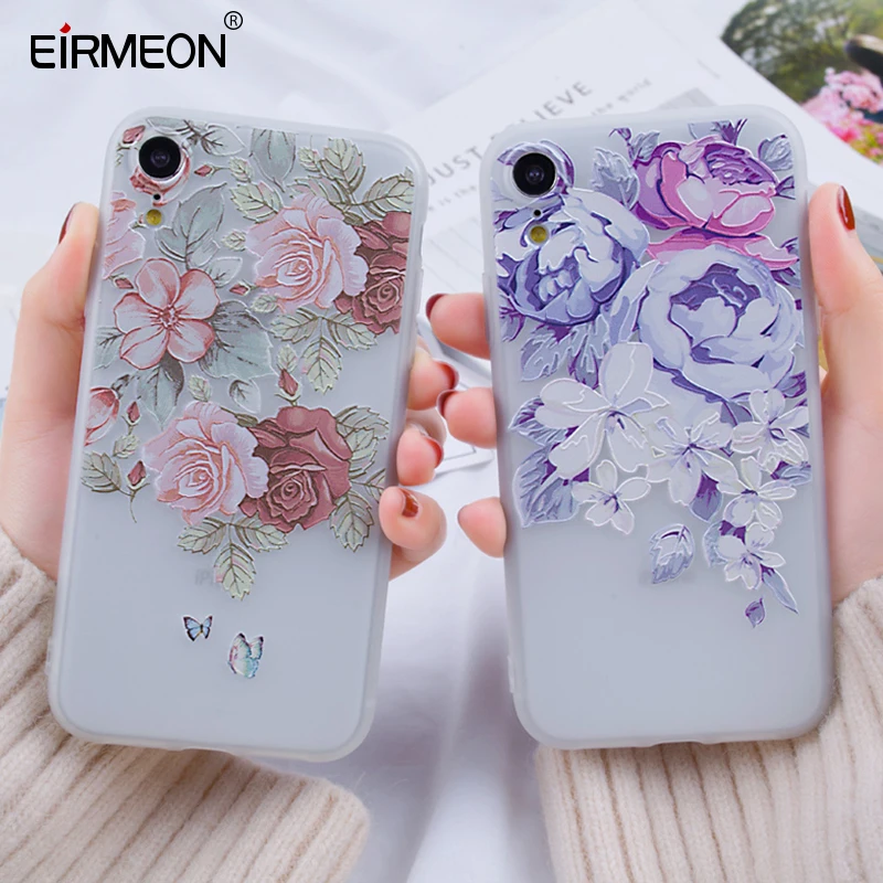 EIRMEON 3D Рельефный цветочный чехол для iPhone 7 8Plus XR XS Max 5 6 6S Plus X матовый мягкий