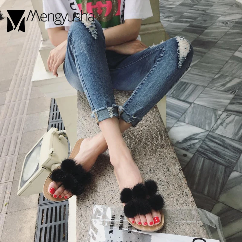 2018 Для женщин помпон пушистый слайды Обувь на меху женские меховые шарики