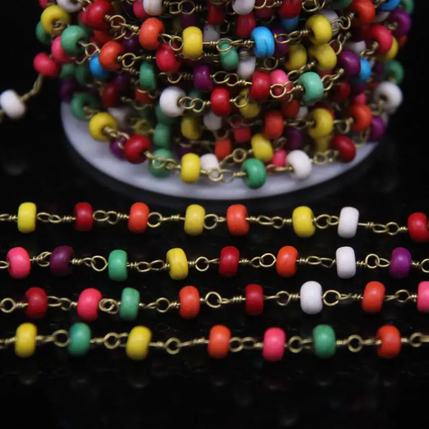 

5Meter,Colourful Howlite Rondelle bead Rosary Chain,Multicolor Turquoises Wire Wrapped Link Chain DIY Bracelet Necklace