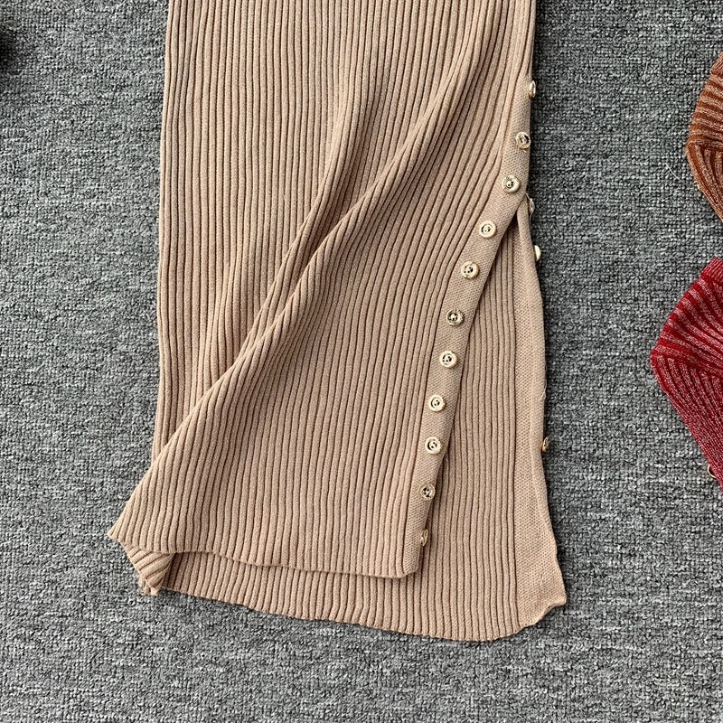 ALPHALMODA Осень Зима Новое вязаное платье Vestios с пуговицами украшенное Боковым Разрезом винтажное блестящее нижнее платье