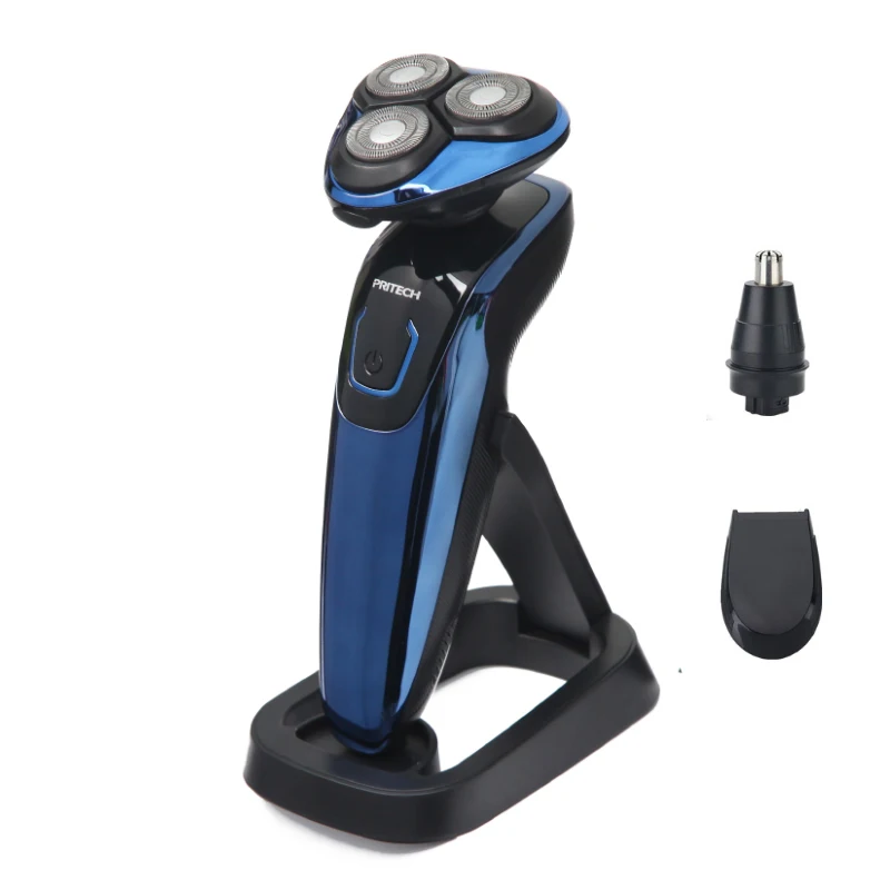 Blue Three Blades Электробритва PRITECH 3 в 1 для мужчин, перезаряжаемый станок для бритья, 4D профессиональный триммер для бороды, бритва, моющийся триммер для носа - Цвет: Blue Three Blades