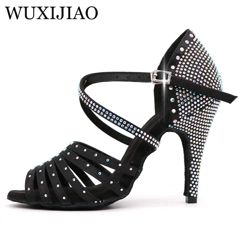 WUXIJIAO новые бронзовые черные атласные латинские женские туфли для танцев сальса со стразами туфли для танцев женские бальные танцевальные туфли каблук 5 см-10 см