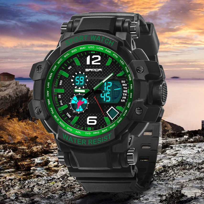 Новый бренд SANDA мужские уличные спортивные часы светодиодный Календарь двойной