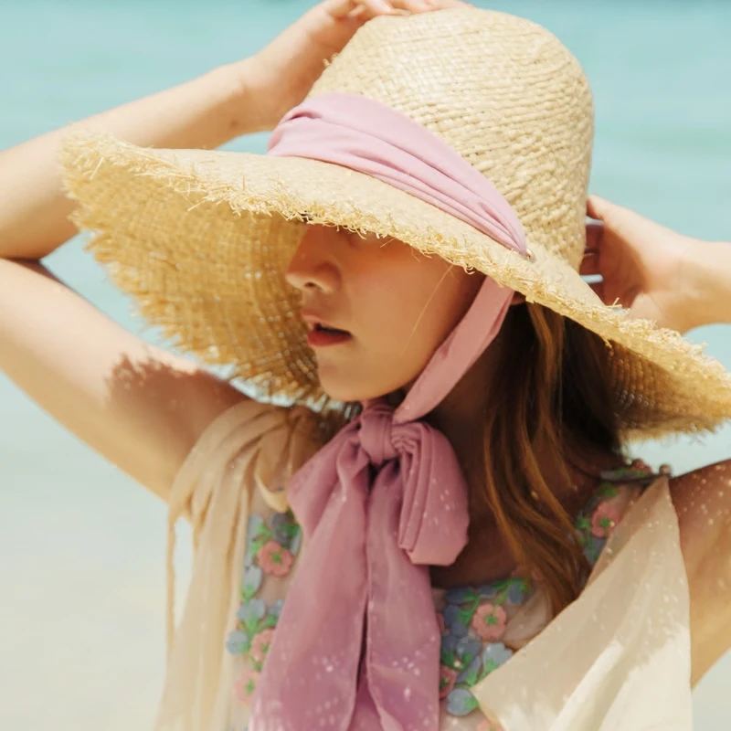 Рафия соломенная шляпа солнце пляж шляпы для женская летняя обувь широкополая