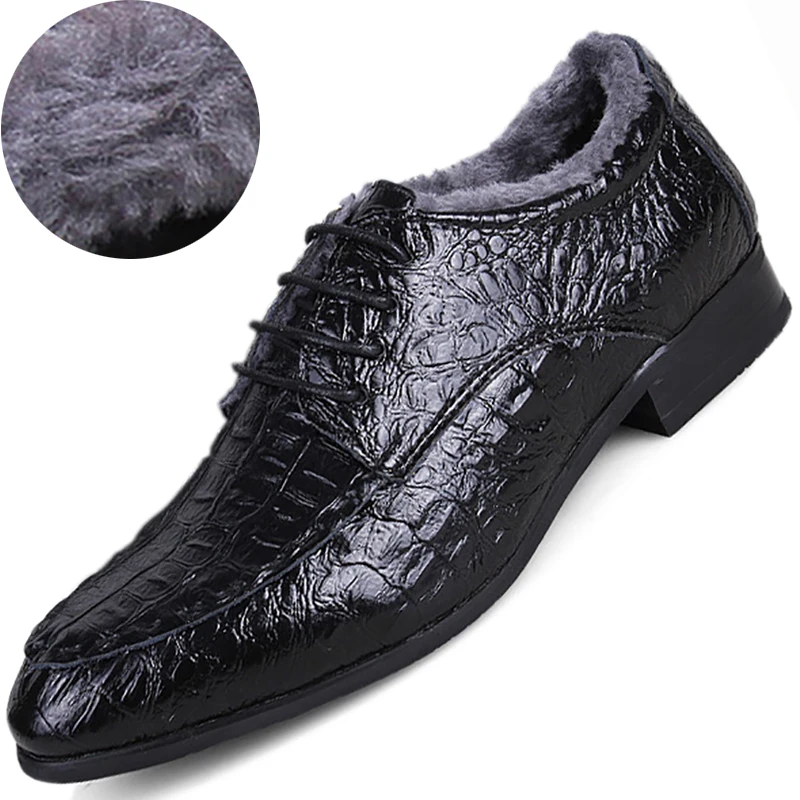 

Winter Fleece Casual Mens Dress Shoes Genuine Leather Crocodile Lace-up Italian Stylist Flat Formal Oxfords Wedding Shoe 38-50